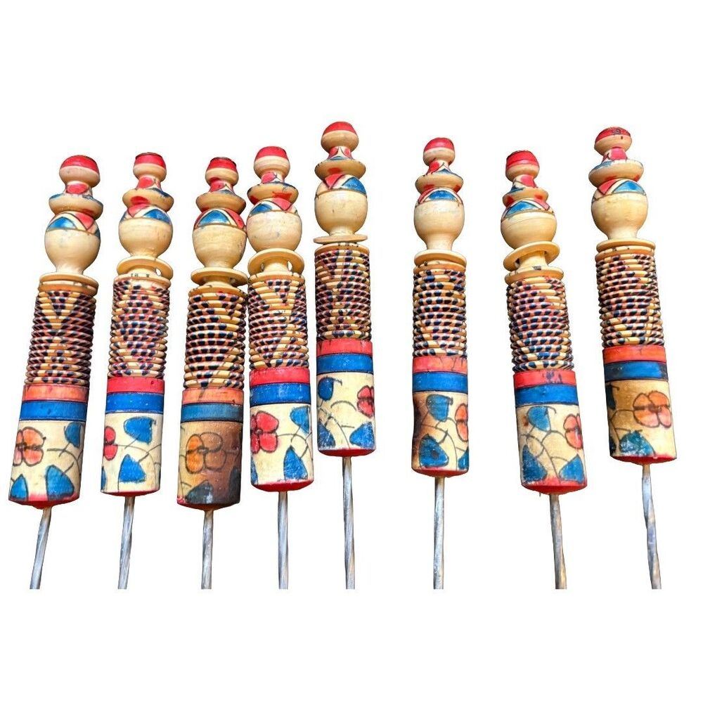 Vintage French Metal BBQ Skewers Hand Painted Wood Handles Red Blue Set of 8